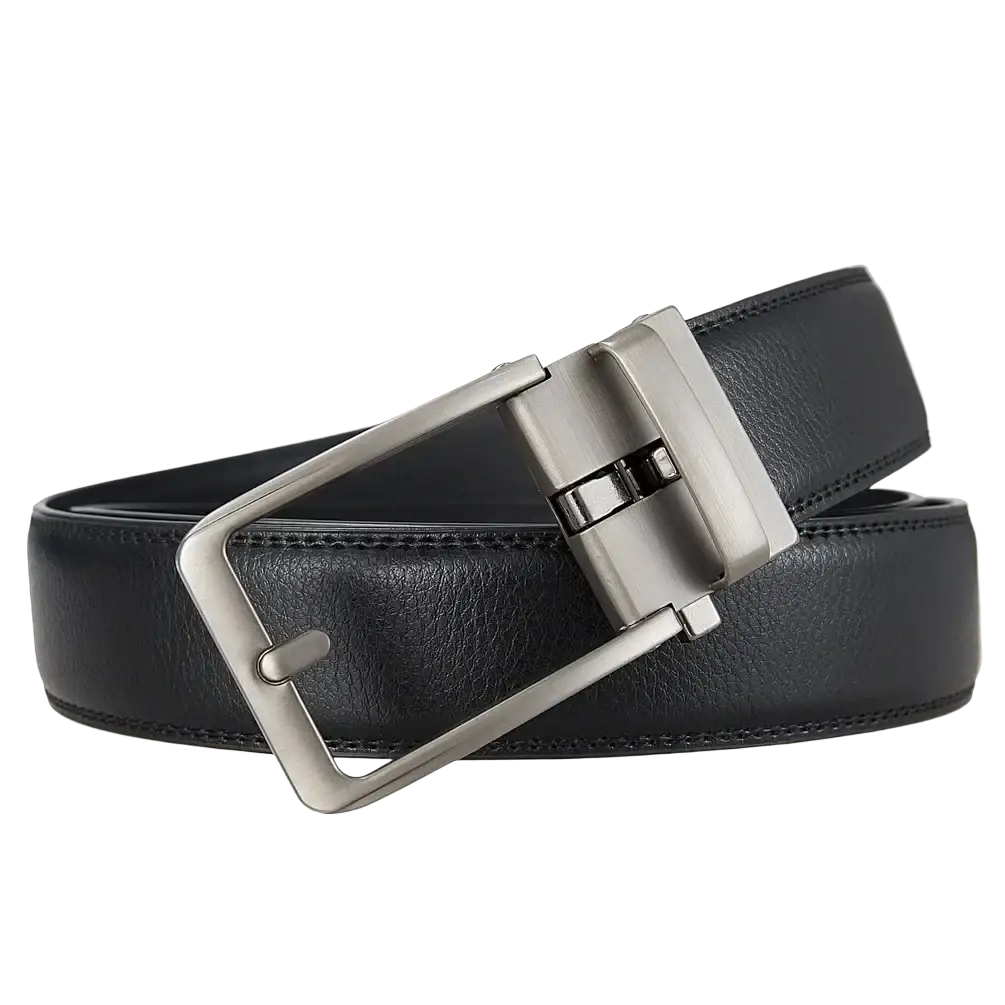 Men leather automatic buckle belt in black with a sleek silver-toned automatic buckle for formal wear