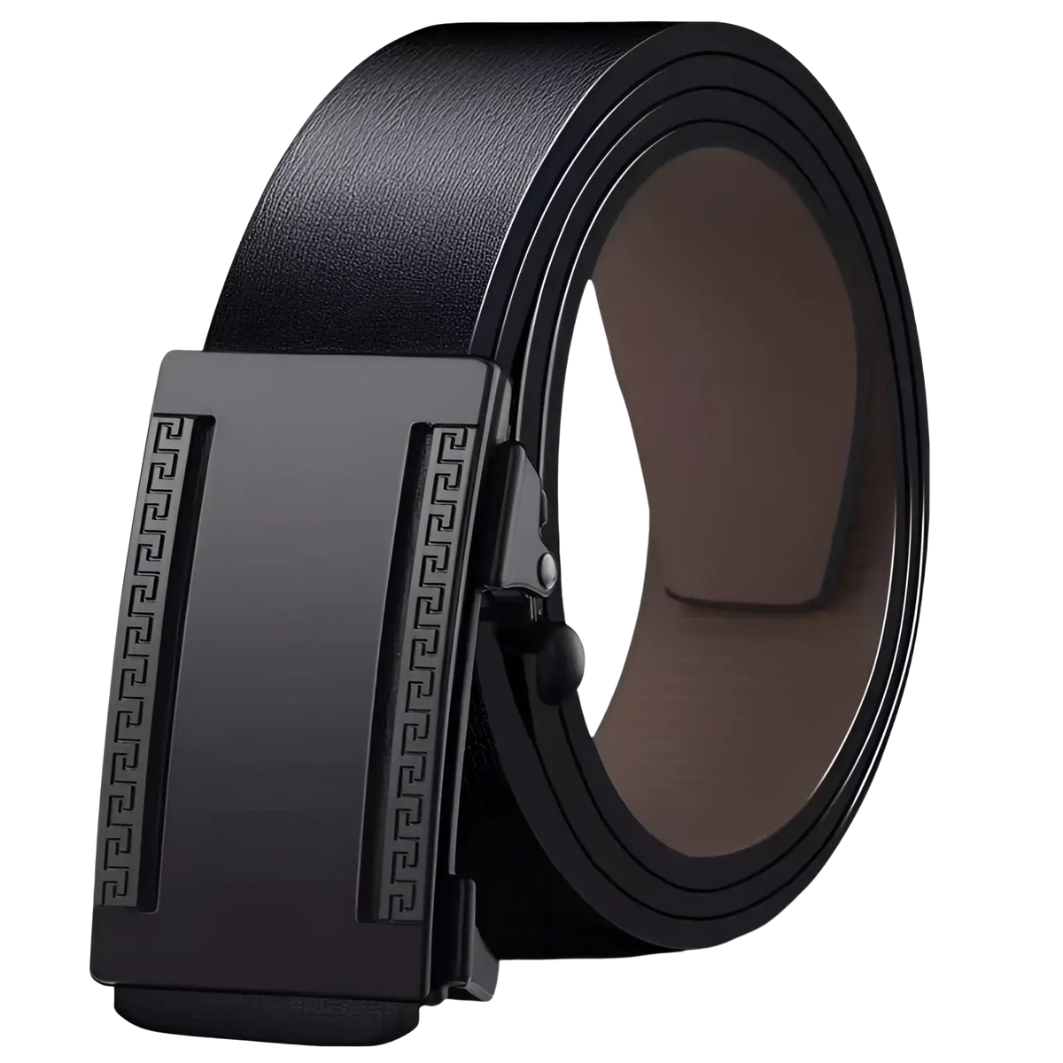 Men leather automatic buckle belt in black with a matte black metal buckle featuring an embossed greek key pattern