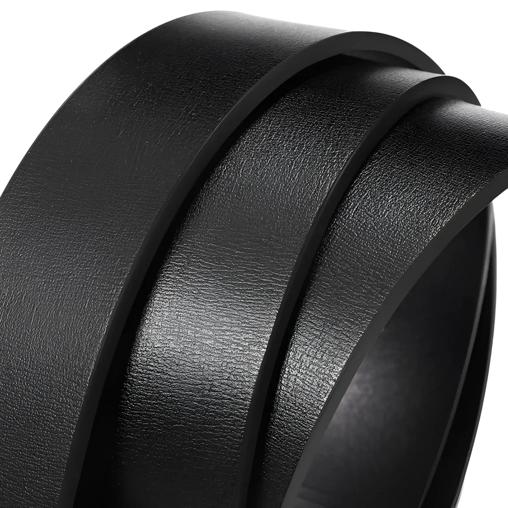 Men leather automatic buckle belt in black with smooth textured leather surface and subtle sheen