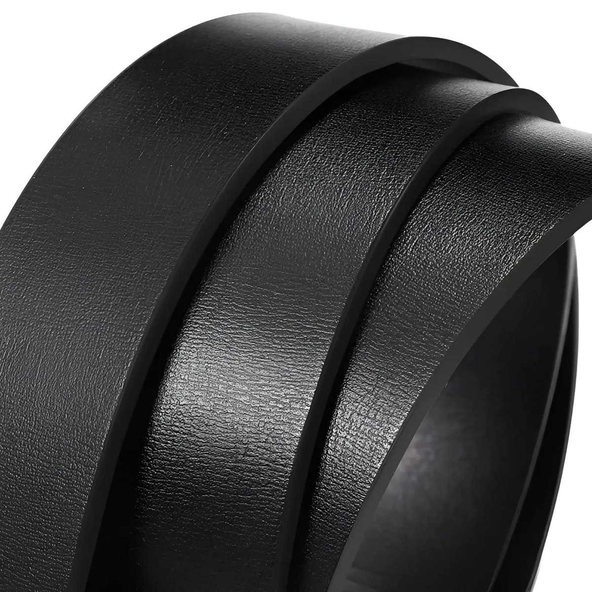 Men leather automatic buckle belt in black with smooth textured leather surface and subtle sheen