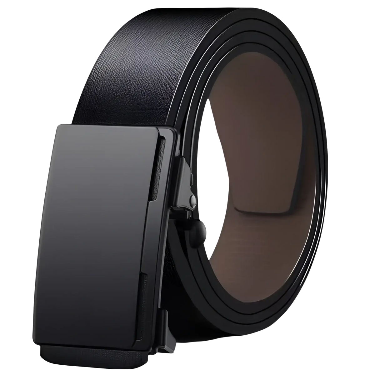 Black leather automatic buckle belt with sleek matte finish designed for men’s formal and casual wear