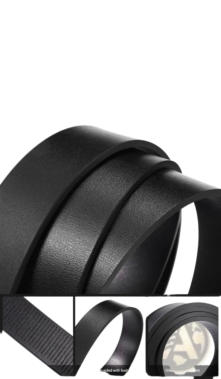 Men leather automatic buckle belt in black full-sheet cowhide with toothpick texture and oiled edge treatment