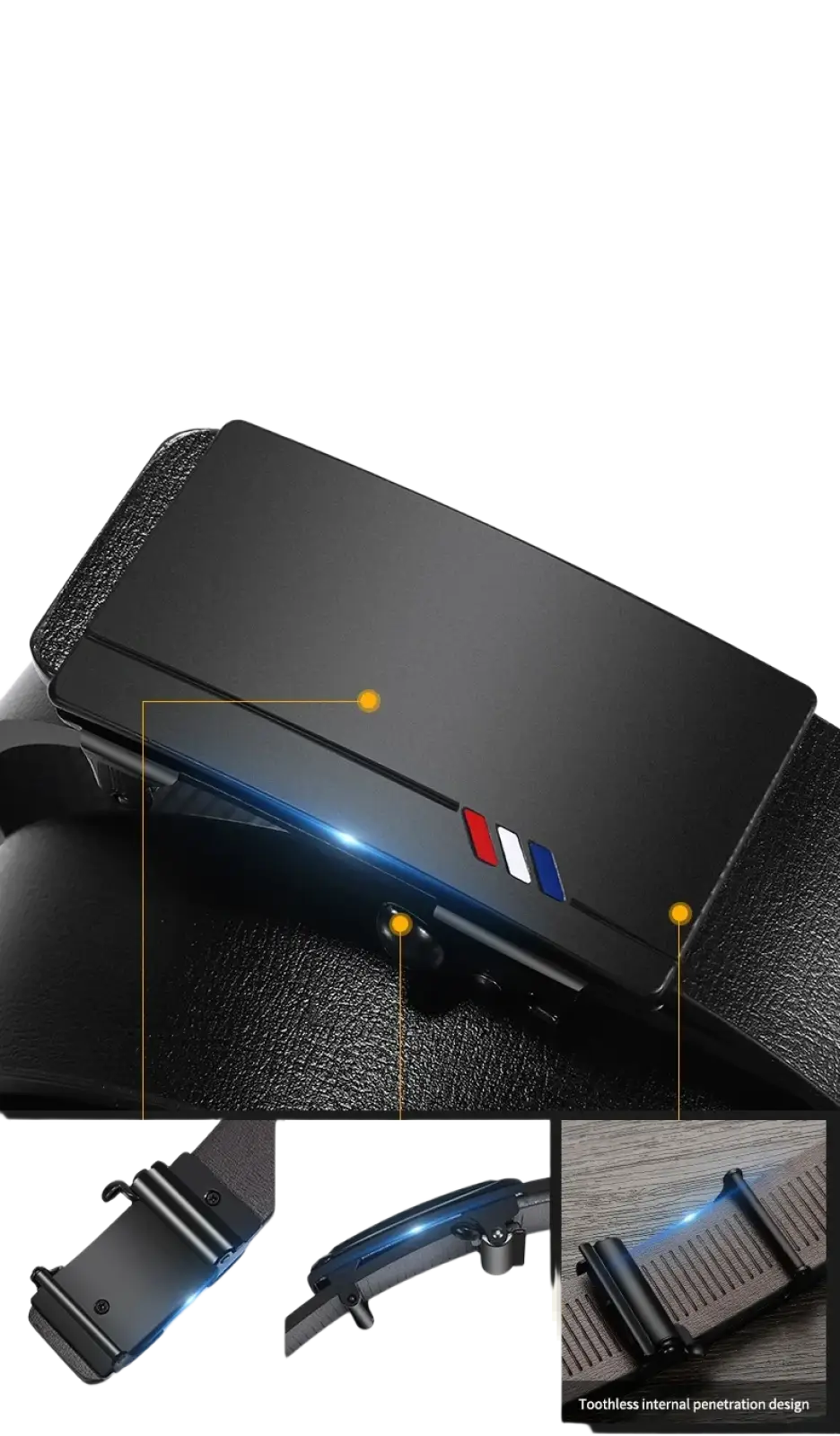 Black belt buckle head with sleek textured metal finish and subtle red white and blue stripes for men leather automatic buckle belt