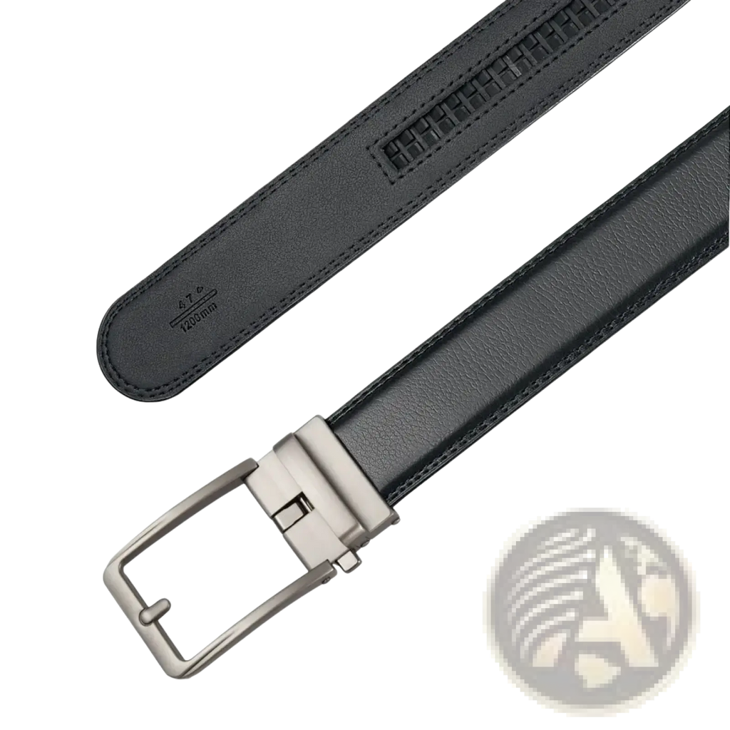 Men leather automatic buckle belt in black with silver-toned automatic buckle and textured stitching details