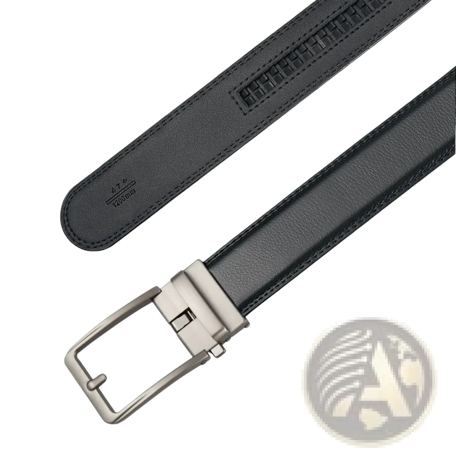 Men leather automatic buckle belt in black with silver-toned automatic buckle and textured stitching details