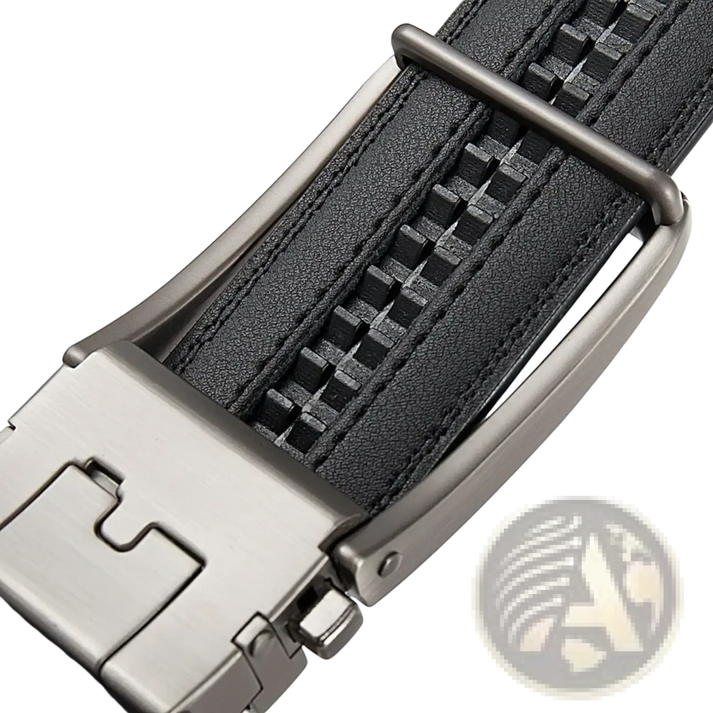 Men leather automatic buckle belt in black with a silver-toned metal buckle and zipper detail