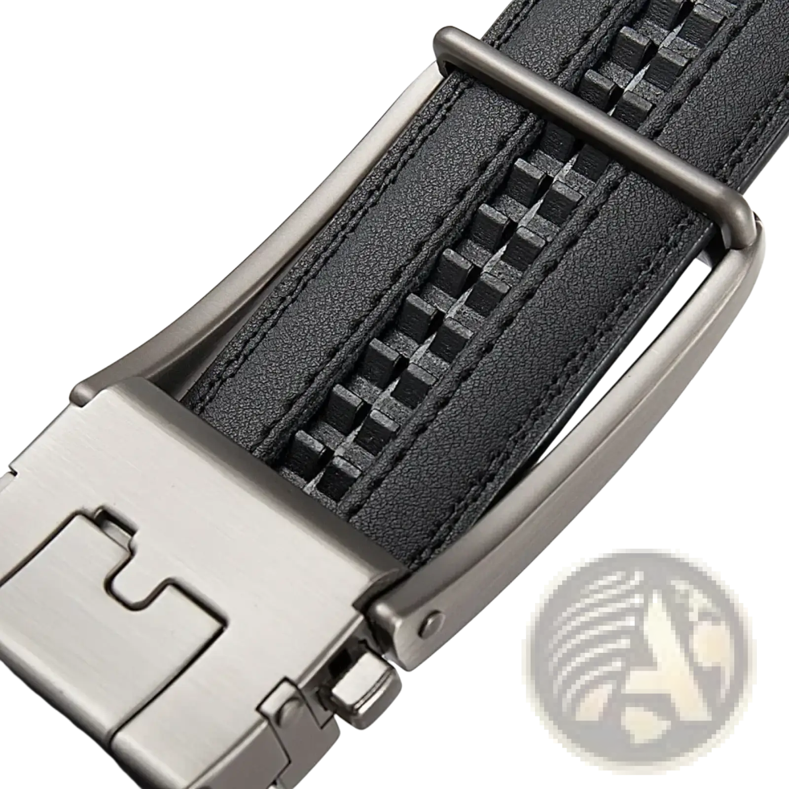 Men leather automatic buckle belt in black with a silver-toned metal buckle and zipper detail