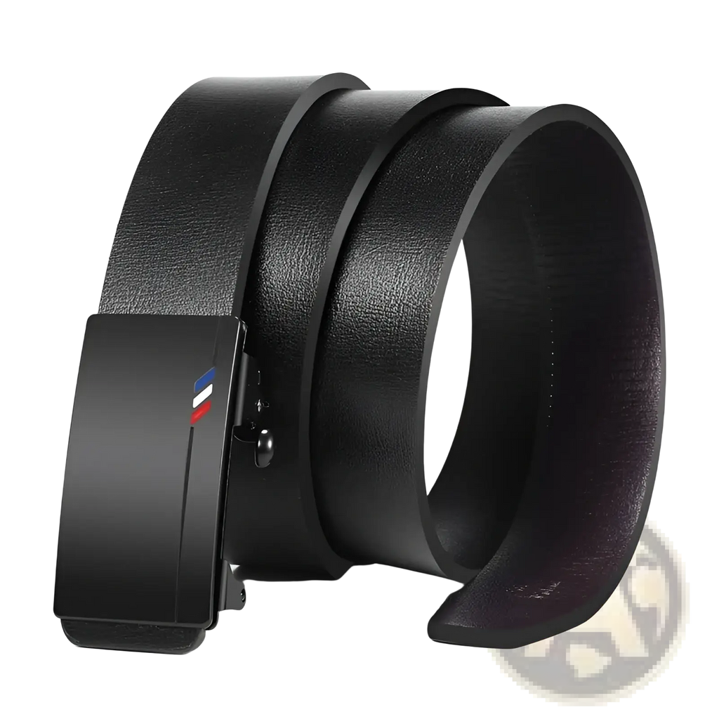Men leather automatic buckle belt in black with a sleek matte-finish metal buckle and red white blue stripe detail