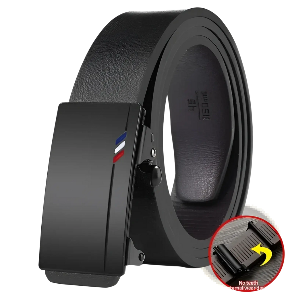 Men leather automatic buckle belt with black leather strap and matte metal buckle featuring red white and blue stripes