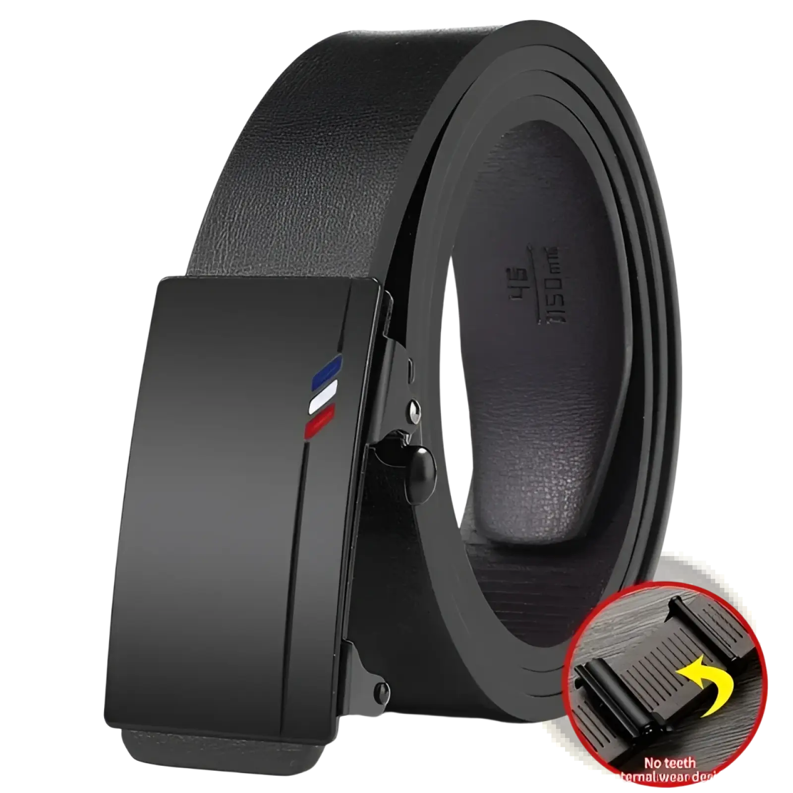 Men leather automatic buckle belt with black leather strap and matte metal buckle featuring red white and blue stripes