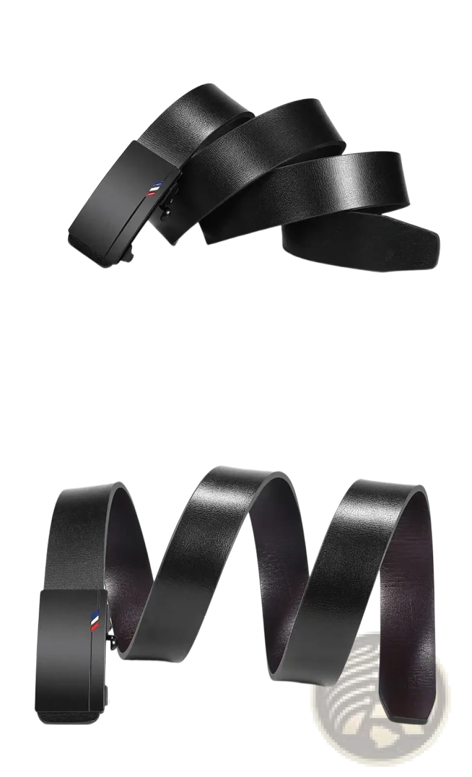 Men leather automatic buckle belt in black with a sleek matte finish buckle featuring a red and white logo