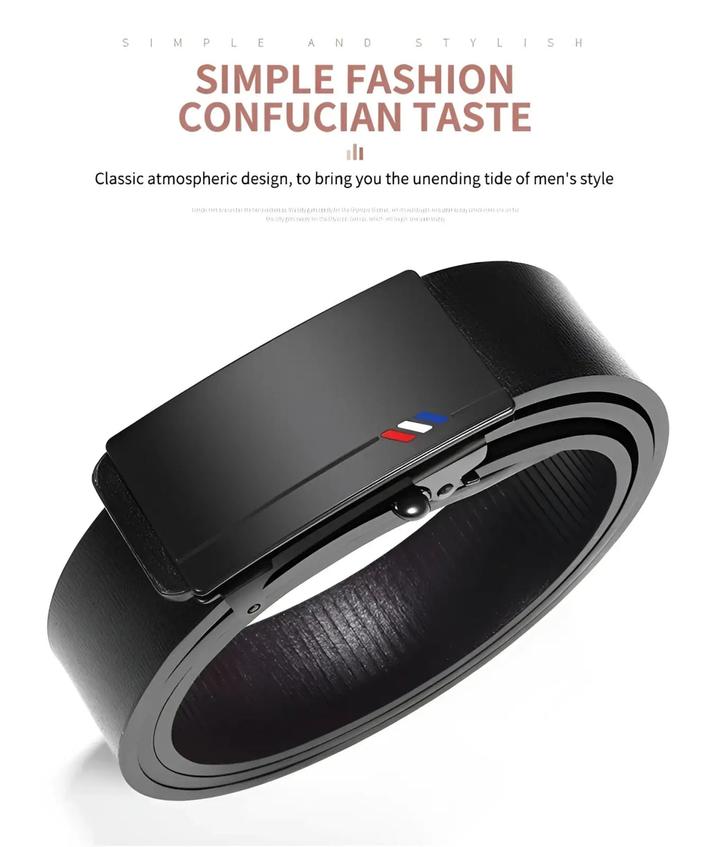 Men leather automatic buckle belt in black with a sleek rectangular metal buckle featuring red white and blue accents