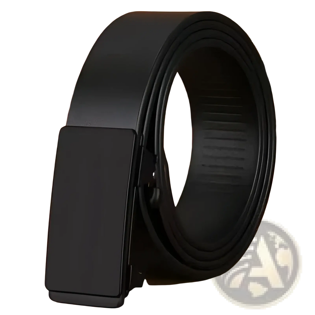 Men leather automatic buckle belt in black featuring a sleek rectangular automatic leather buckle