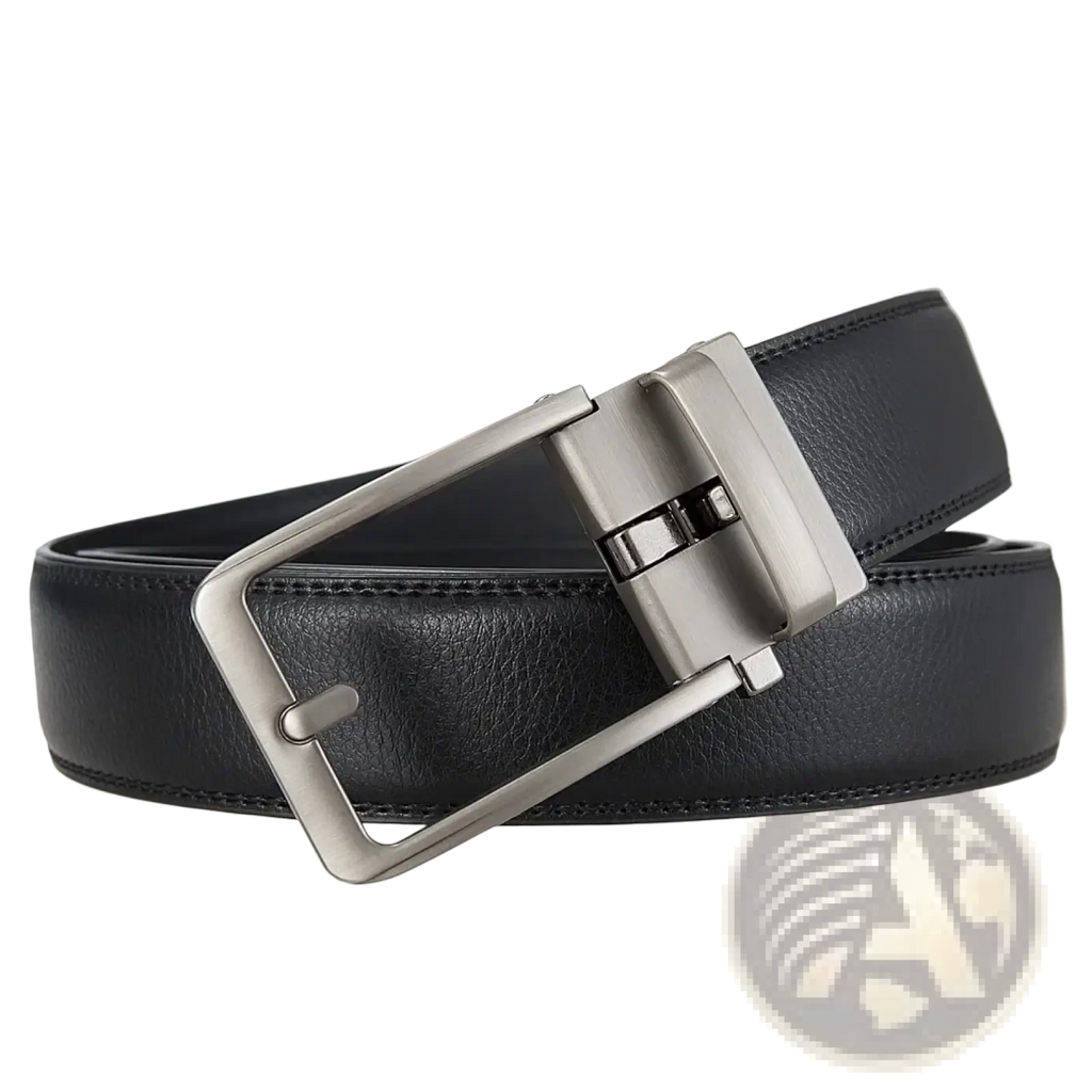 Men leather automatic buckle belt in black with a sleek silver-toned automatic buckle for formal wear
