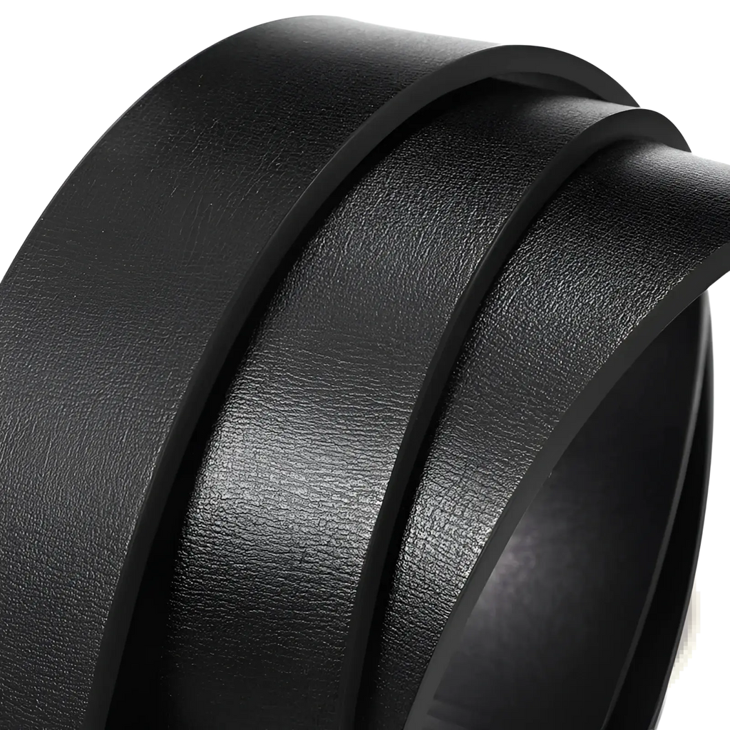 Men leather automatic buckle belt in black with smooth textured leather surface and subtle sheen