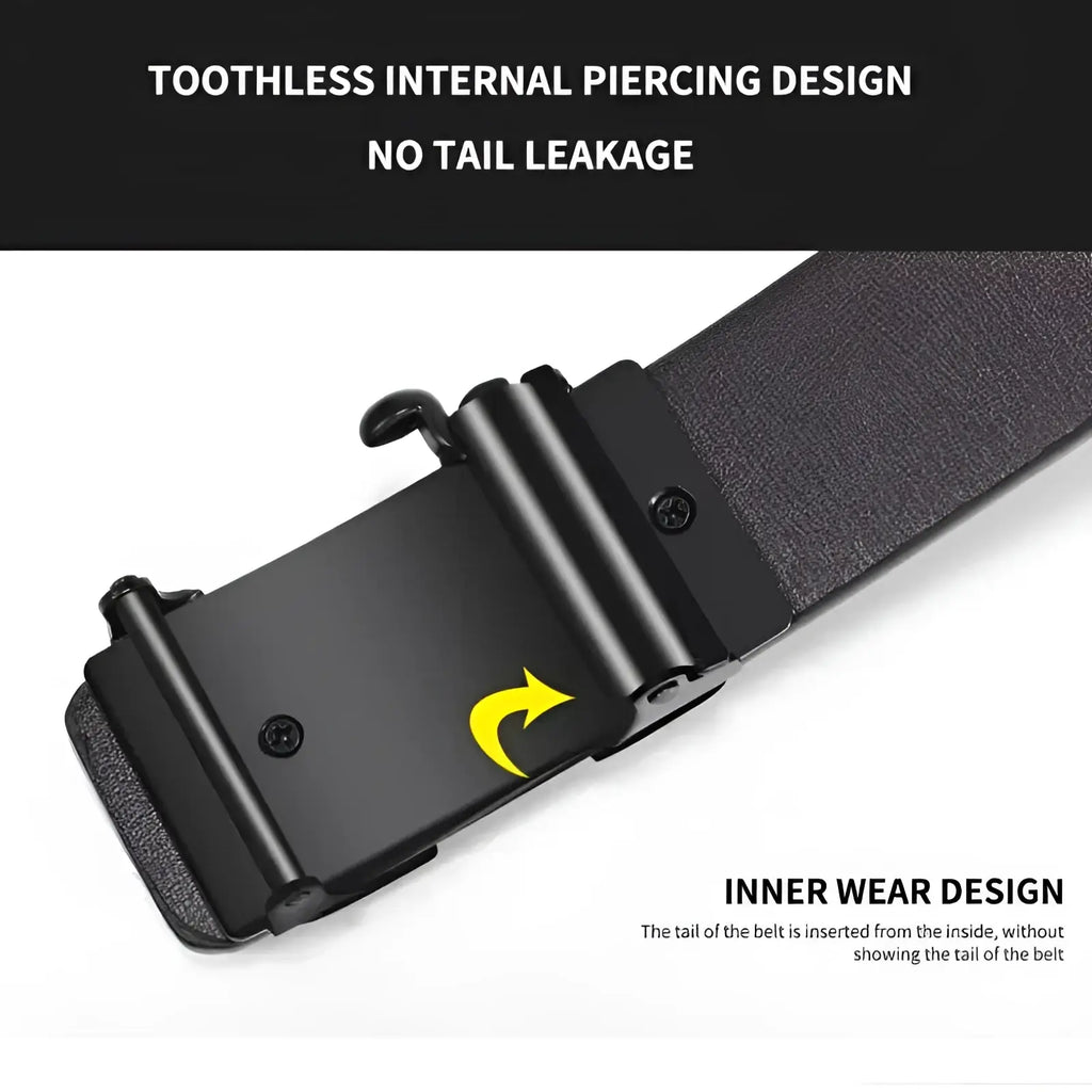 Men leather automatic buckle belt with black toothless internal buckle and textured leather strap in a sleek design