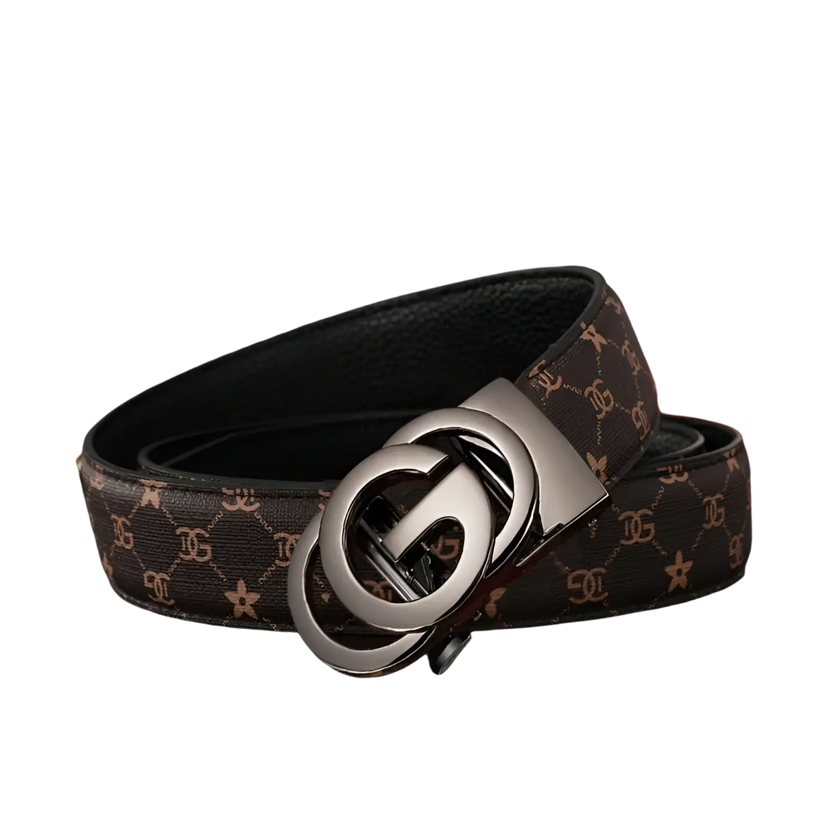 Men leather automatic buckle belt in brown with gold-toned interlocking g pattern and silver-tone polished buckle