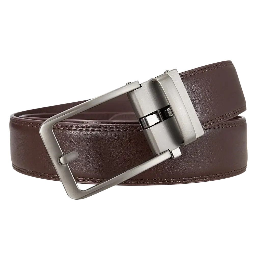 Men leather automatic buckle belt in brown with a silver-toned automatic buckle and genuine leather material