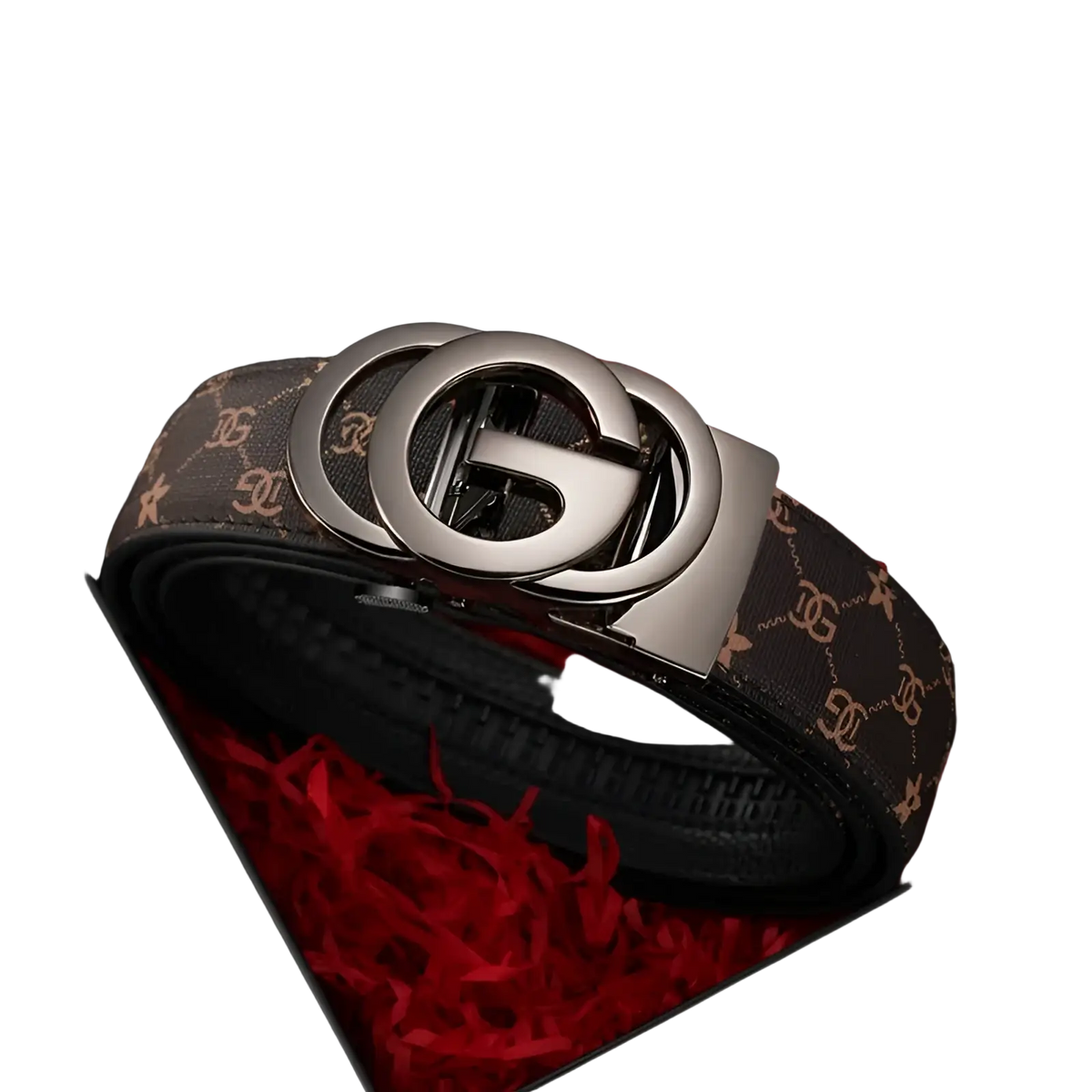 Men leather automatic buckle belt in brown with metallic silver double g buckle and repeating monogram pattern