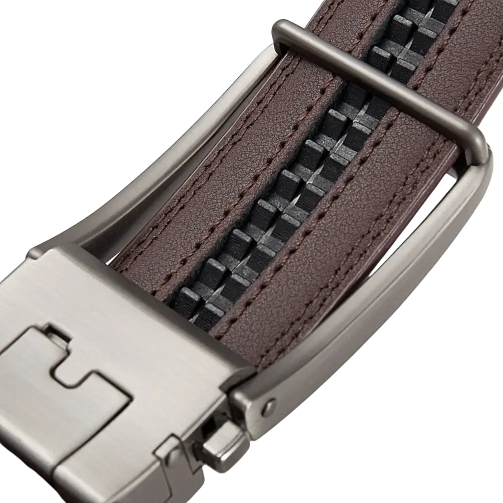 Men leather automatic buckle belt in brown leather with silver-toned metal buckle and zipper closure