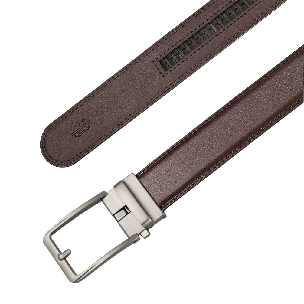 Men leather automatic buckle belt in brown with silver-toned automatic buckle and textured inner edge pattern