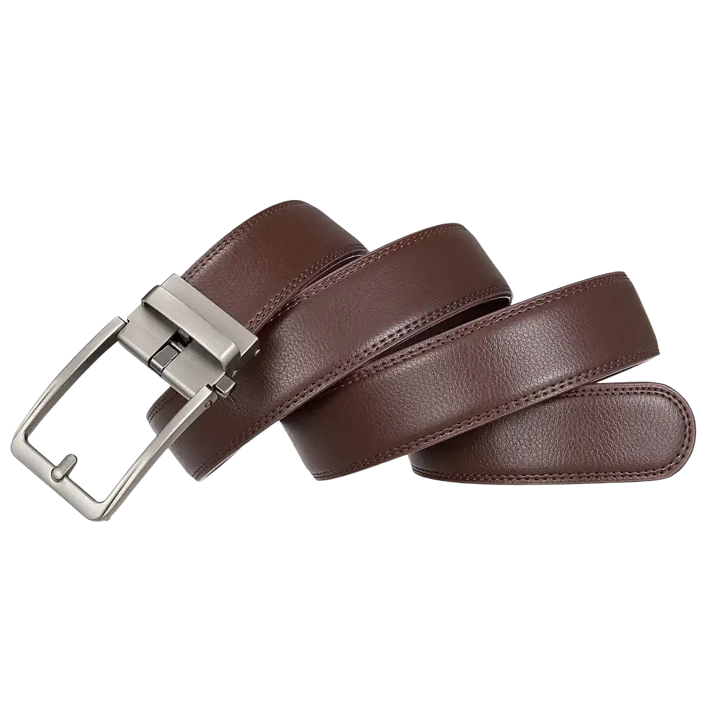 Men leather automatic buckle belt in brown leather with a silver toned automatic buckle for a secure fit