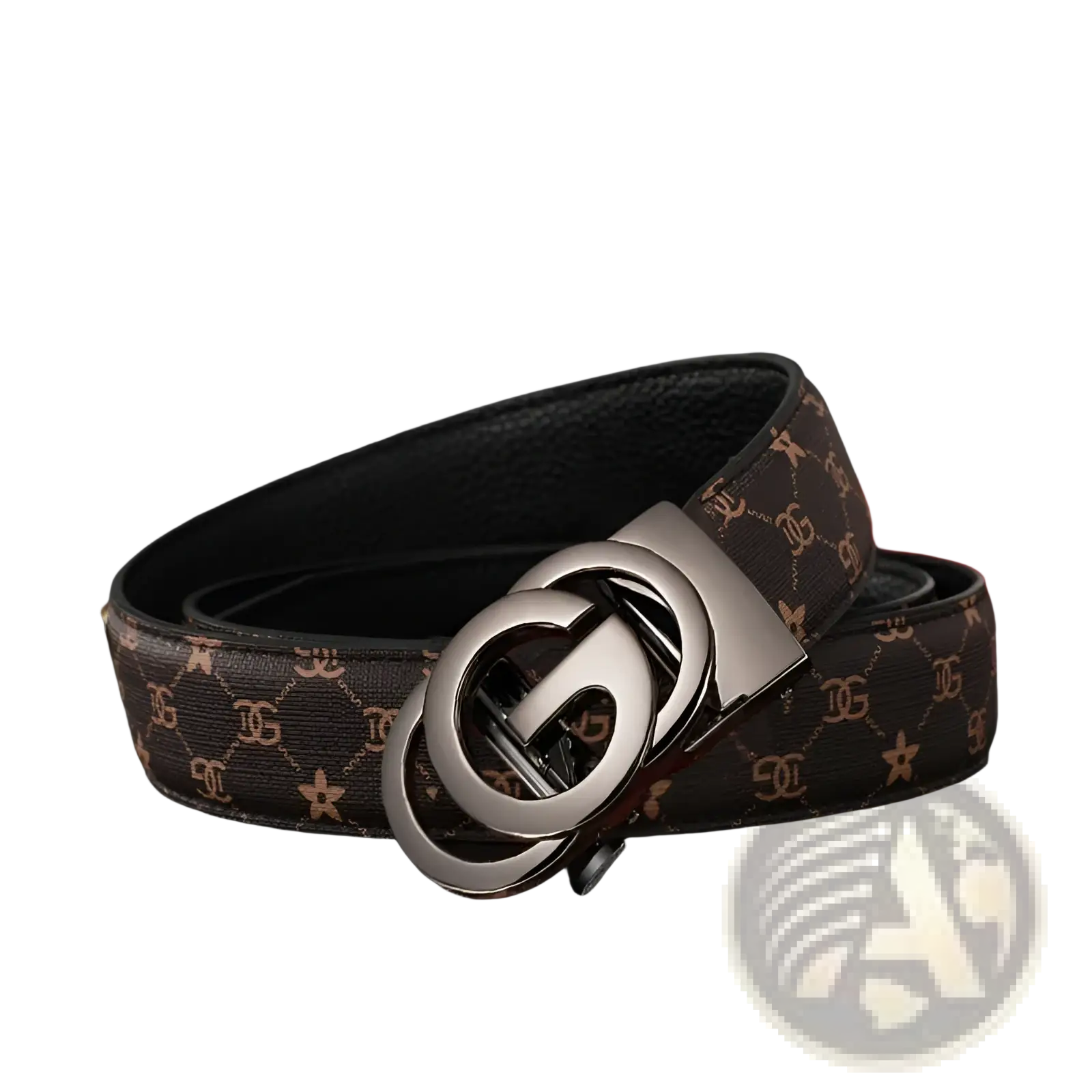 Men leather automatic buckle belt in brown with gold-toned interlocking g pattern and silver-tone polished buckle