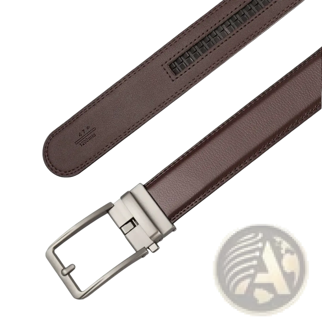 Men leather automatic buckle belt in brown with silver-toned automatic buckle and textured inner edge pattern