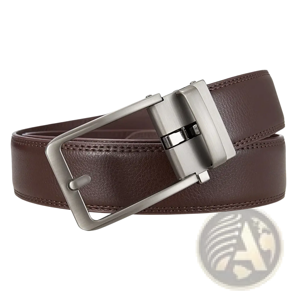 Men leather automatic buckle belt in brown with a silver-toned automatic buckle and genuine leather material