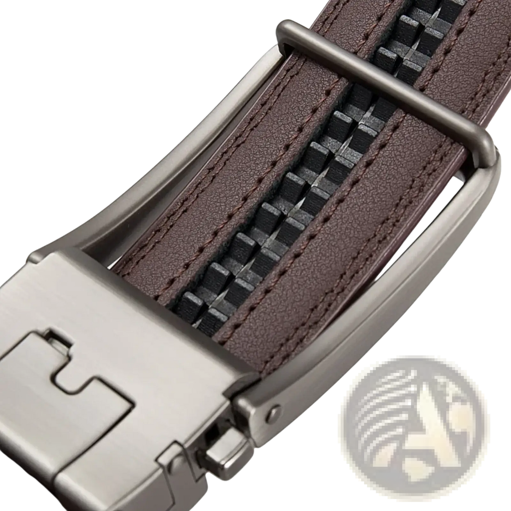 Men leather automatic buckle belt in brown leather with silver-toned metal buckle and zipper closure