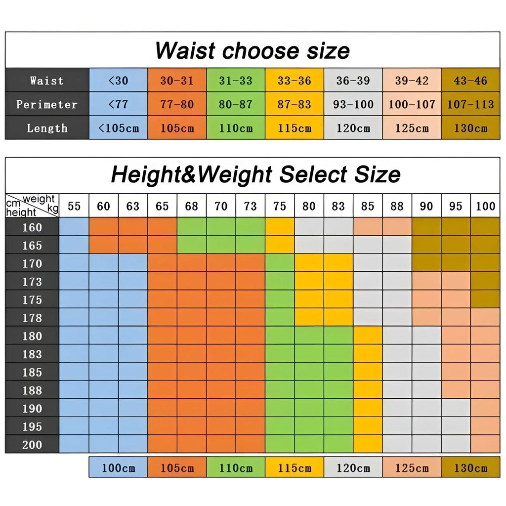 Color-coded size chart for men leather automatic buckle belt showing waist height and weight selection criteria