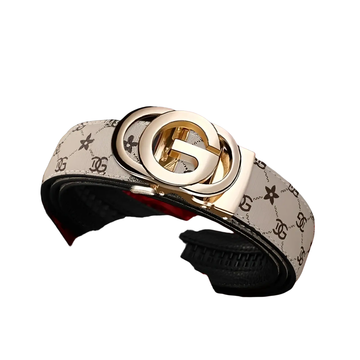 A cream-colored men leather automatic buckle belt with a gold-toned gucci double-g buckle and monogram pattern