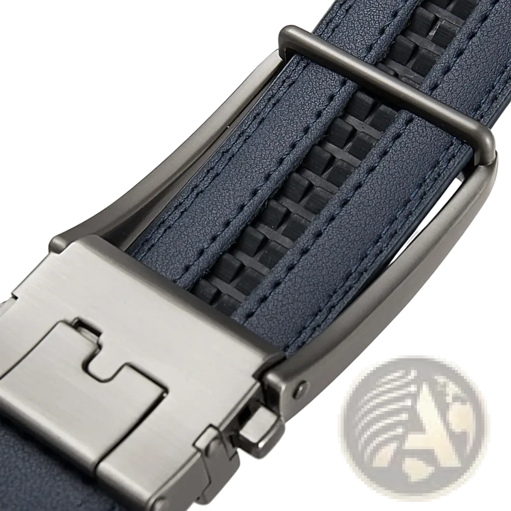 Men leather automatic buckle belt in dark blue woven leather with a matte-finished metal buckle