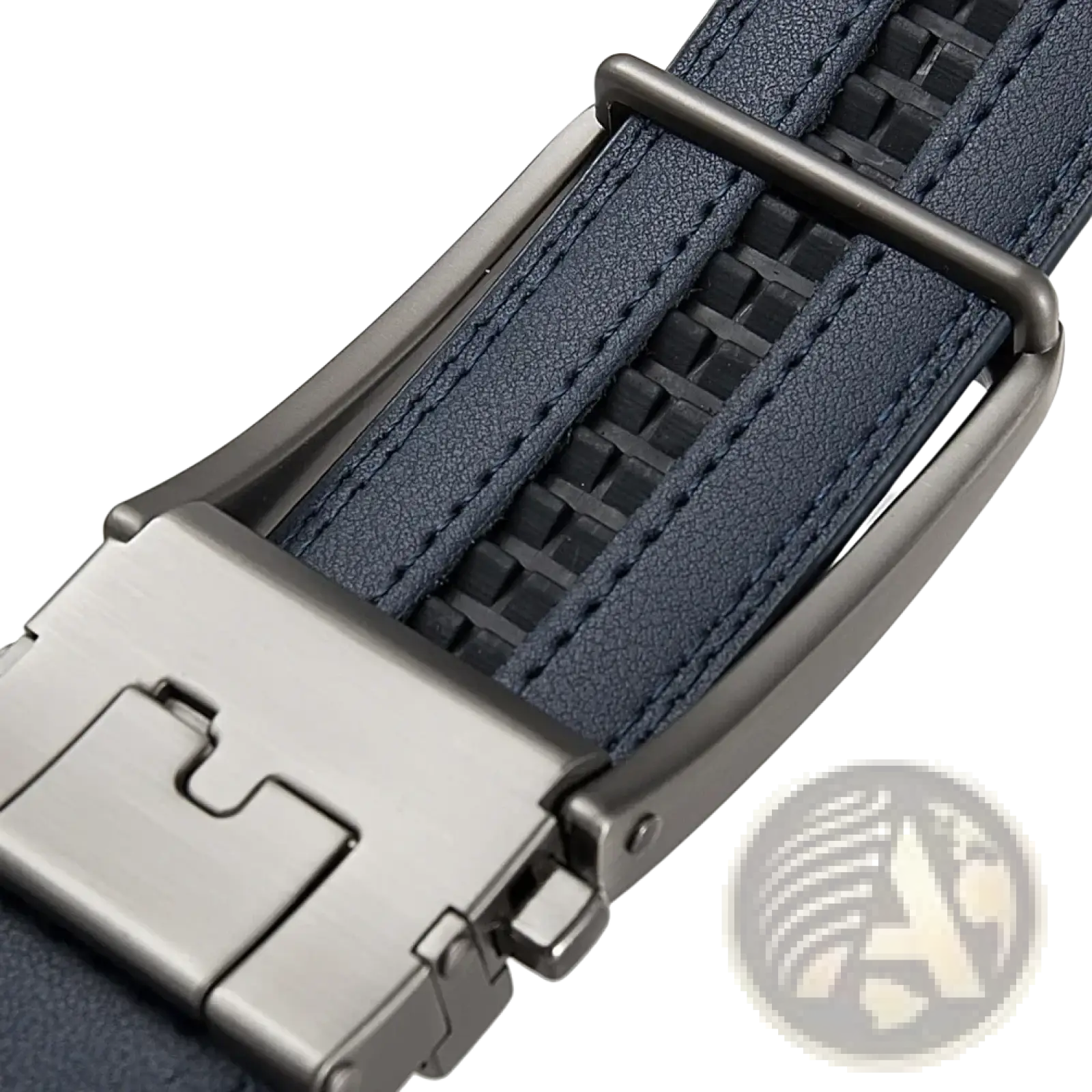 Men leather automatic buckle belt in dark blue woven leather with a matte-finished metal buckle