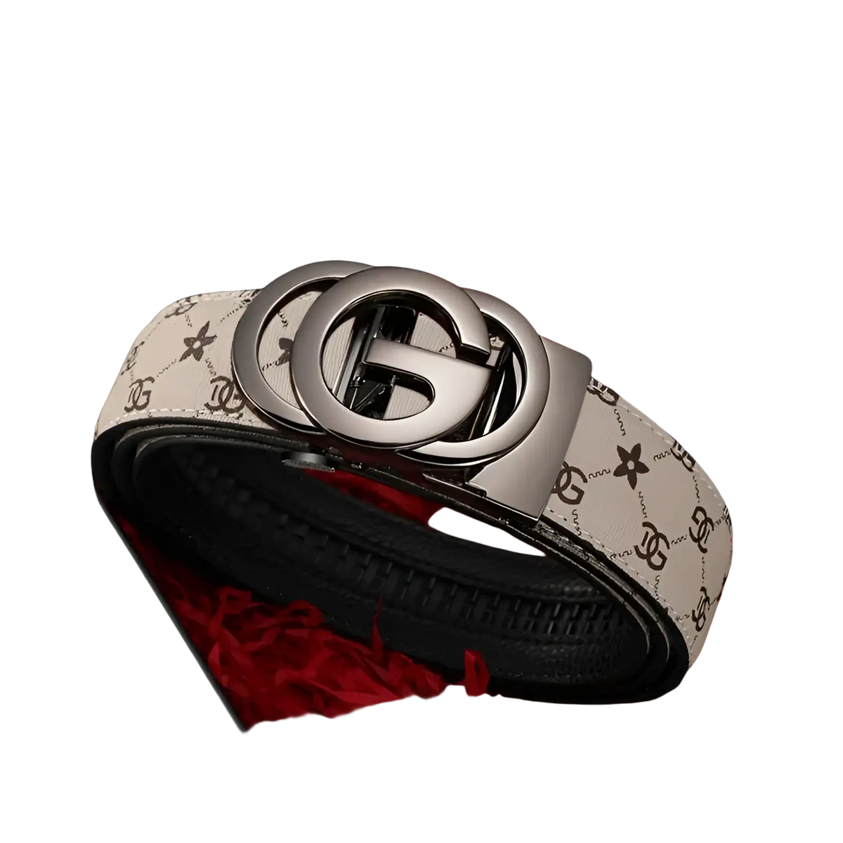 Men leather automatic buckle belt with cream monogram leather strap and silver-toned double g gucci buckle