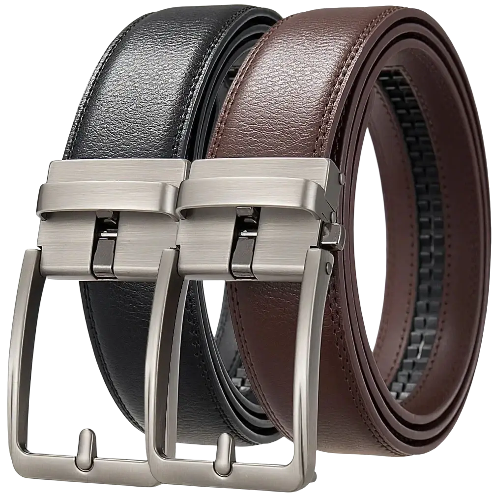 Men leather automatic buckle belts pair reversible black and brown leather with brushed silver-tone buckles
