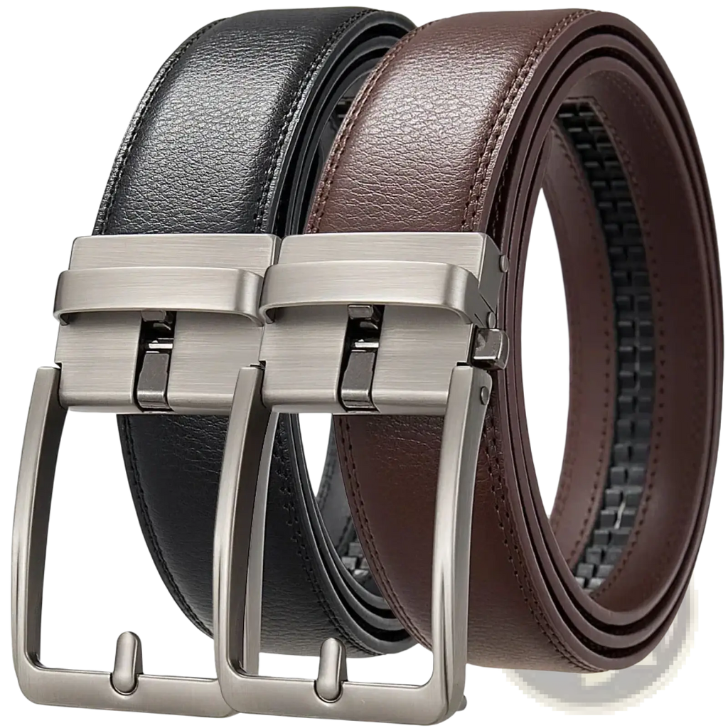 Men leather automatic buckle belts pair reversible black and brown leather with brushed silver-tone buckles