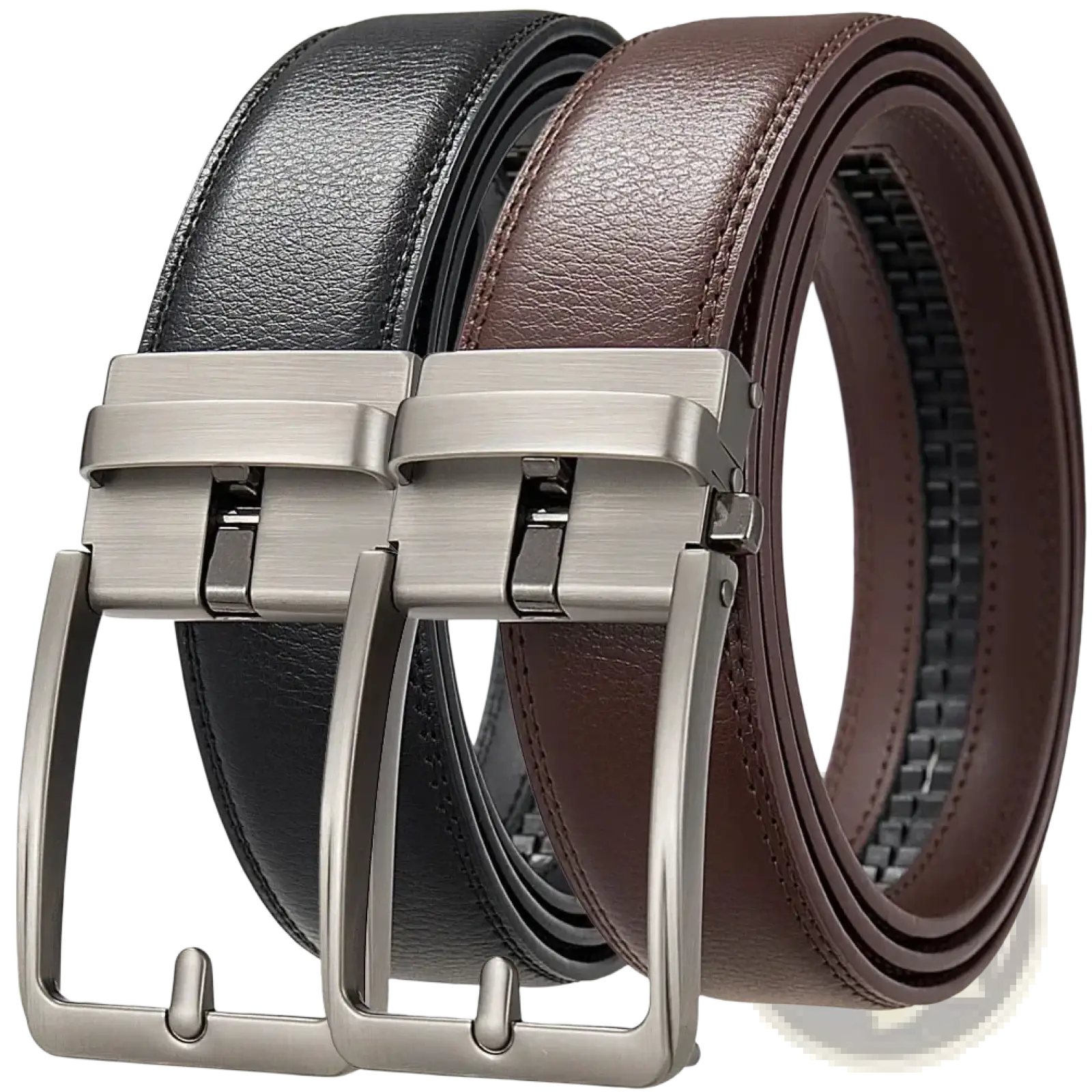 Men leather automatic buckle belts pair reversible black and brown leather with brushed silver-tone buckles