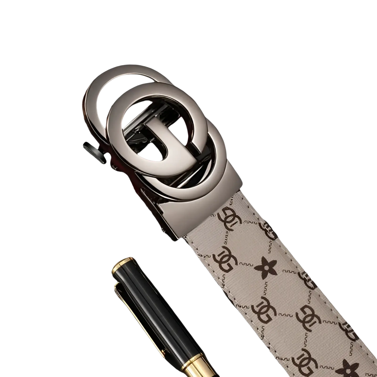 Men leather automatic buckle belt with silver-toned double-g buckle and beige canvas strap with brown logo motifs
