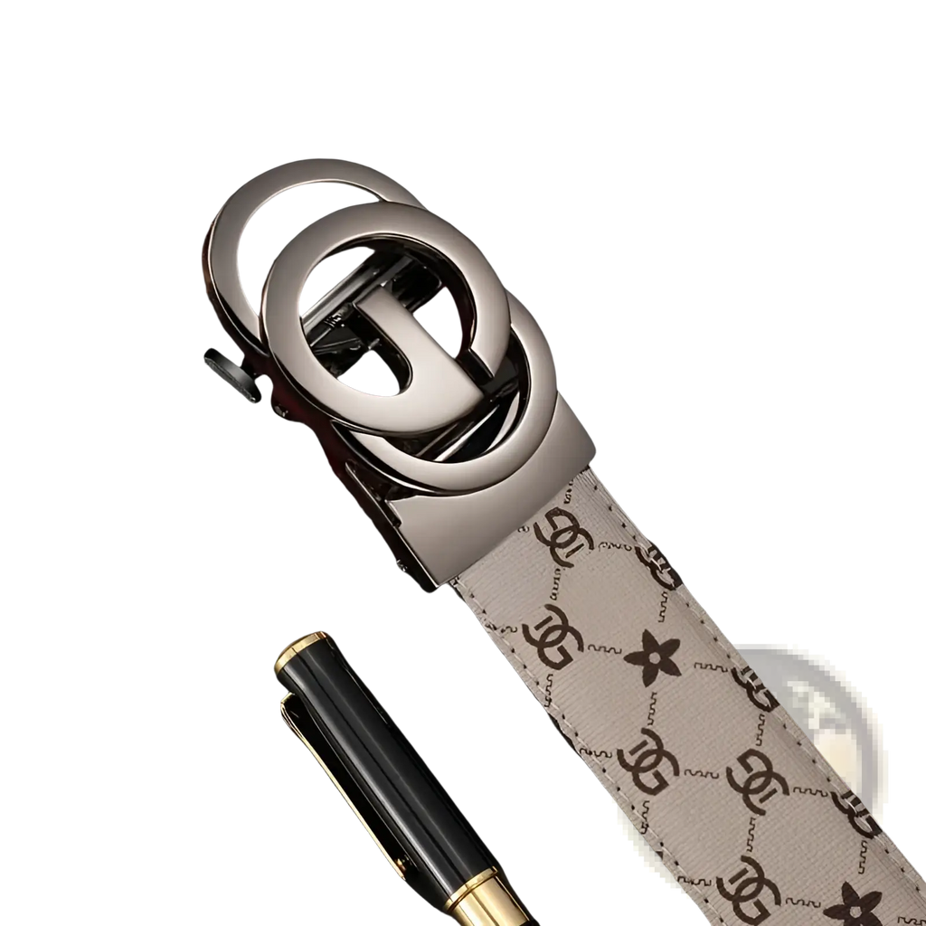 Men leather automatic buckle belt with silver-toned double-g buckle and beige canvas strap with brown logo motifs