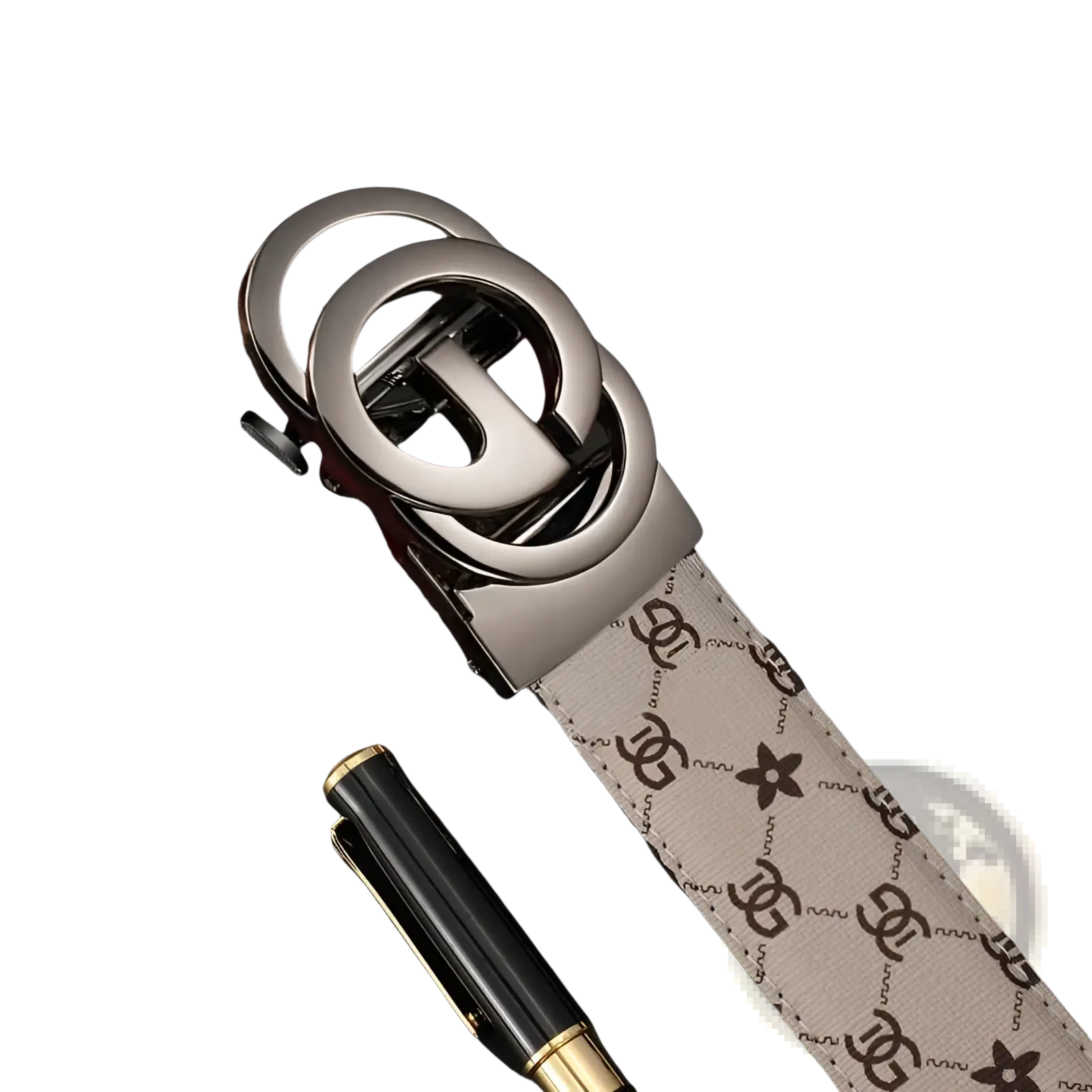 Men leather automatic buckle belt with silver-toned double-g buckle and beige canvas strap with brown logo motifs