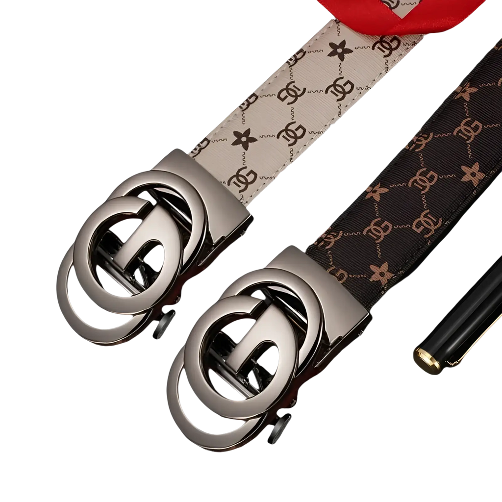 Two Gucci men leather automatic buckle belts with silver double G buckles and beige and dark brown patterned straps