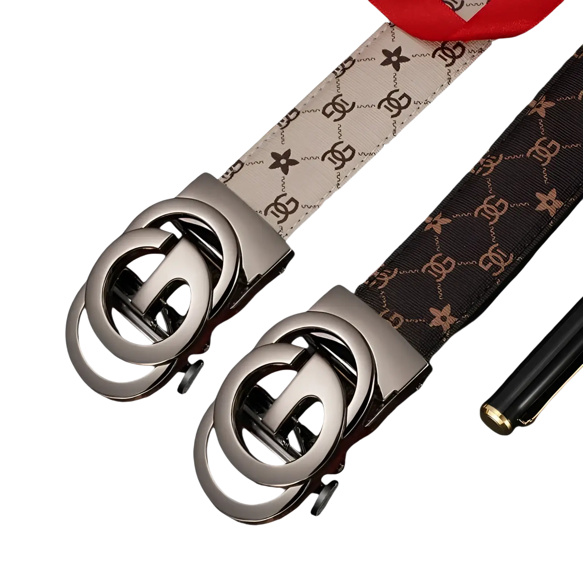 Two Gucci men leather automatic buckle belts with silver double G buckles and beige and dark brown patterned straps