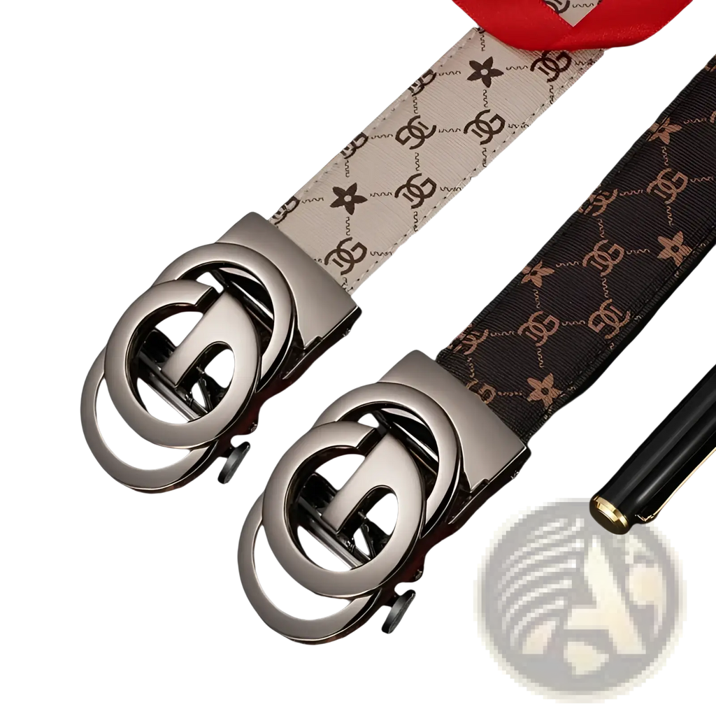 Two Gucci men leather automatic buckle belts with silver double G buckles and beige and dark brown patterned straps