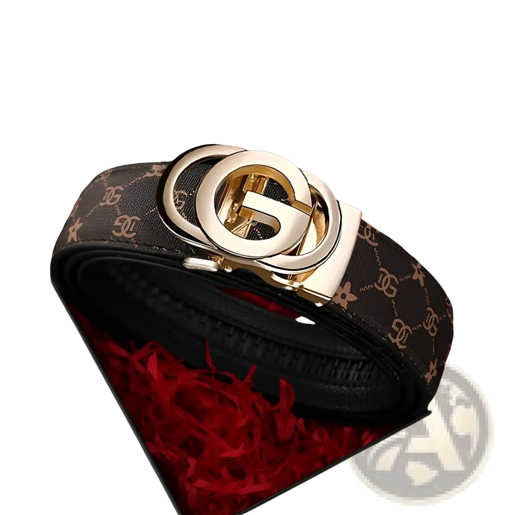 Men leather automatic buckle belt in black with gold-toned interlocking g buckle and repeating monogram pattern