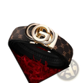 Men leather automatic buckle belt in black with gold-toned interlocking g buckle and repeating monogram pattern