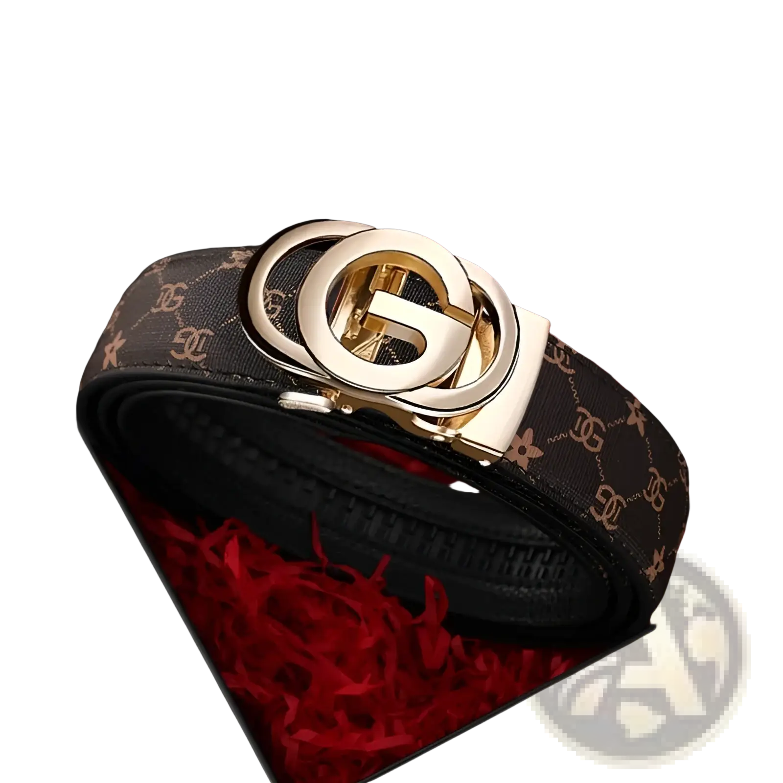 Men leather automatic buckle belt in black with gold-toned interlocking g buckle and repeating monogram pattern