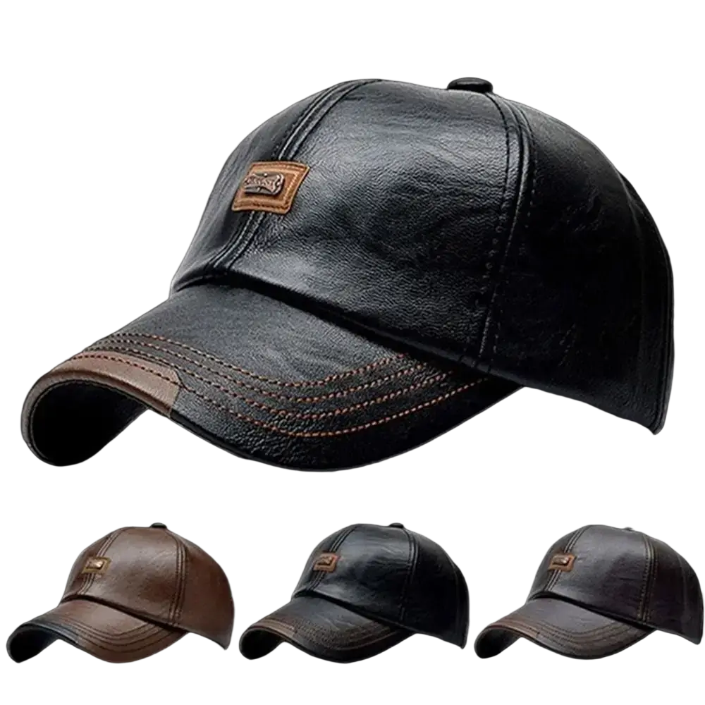 Men leather baseball cap in black with brown stitched brim and tan patch designed for winter warmth and adjustable fit