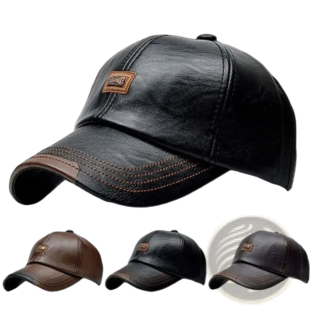 Men leather baseball cap in black with brown stitched brim and tan patch designed for winter warmth and adjustable fit