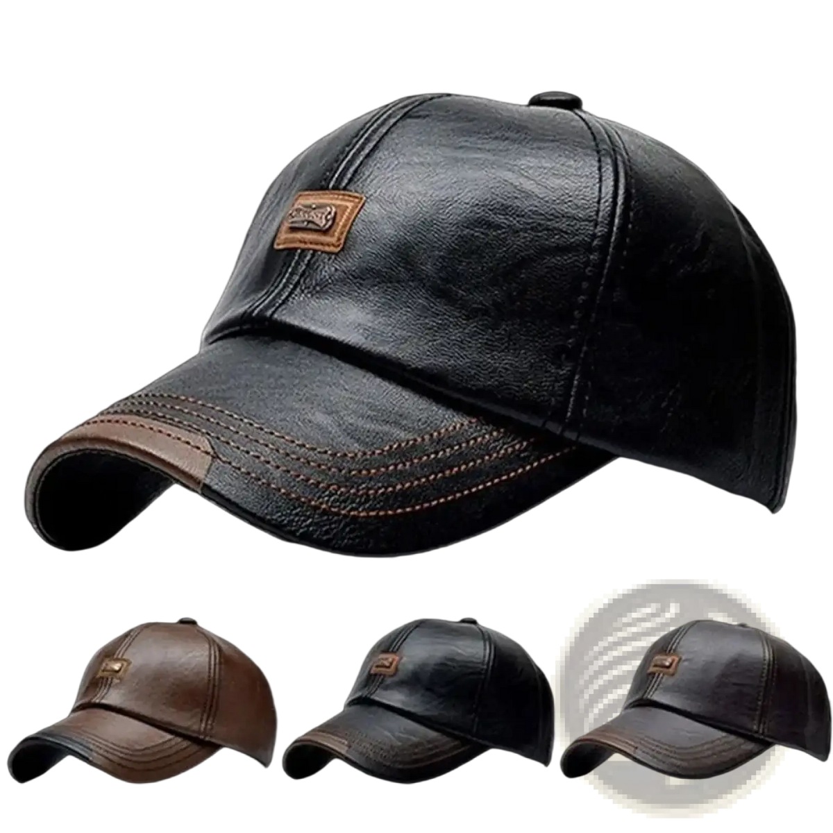 Men leather baseball cap in black with brown stitched brim and tan patch designed for winter warmth and adjustable fit